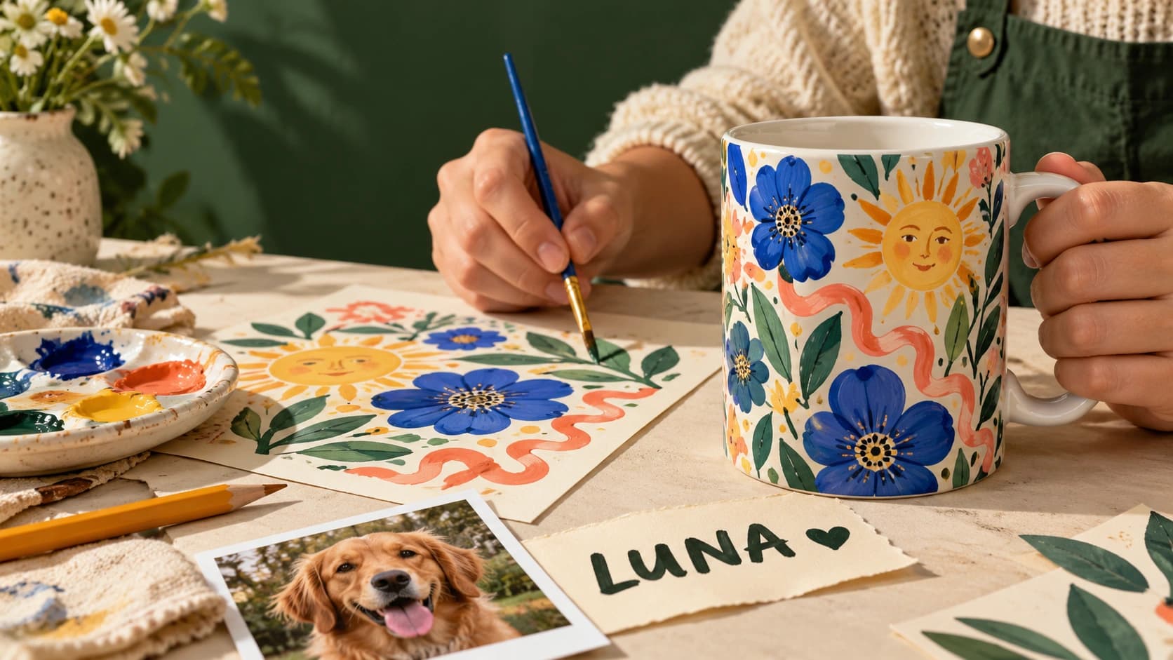 Illustrative studio with hands, an illustration, a photograph and one personalized mug