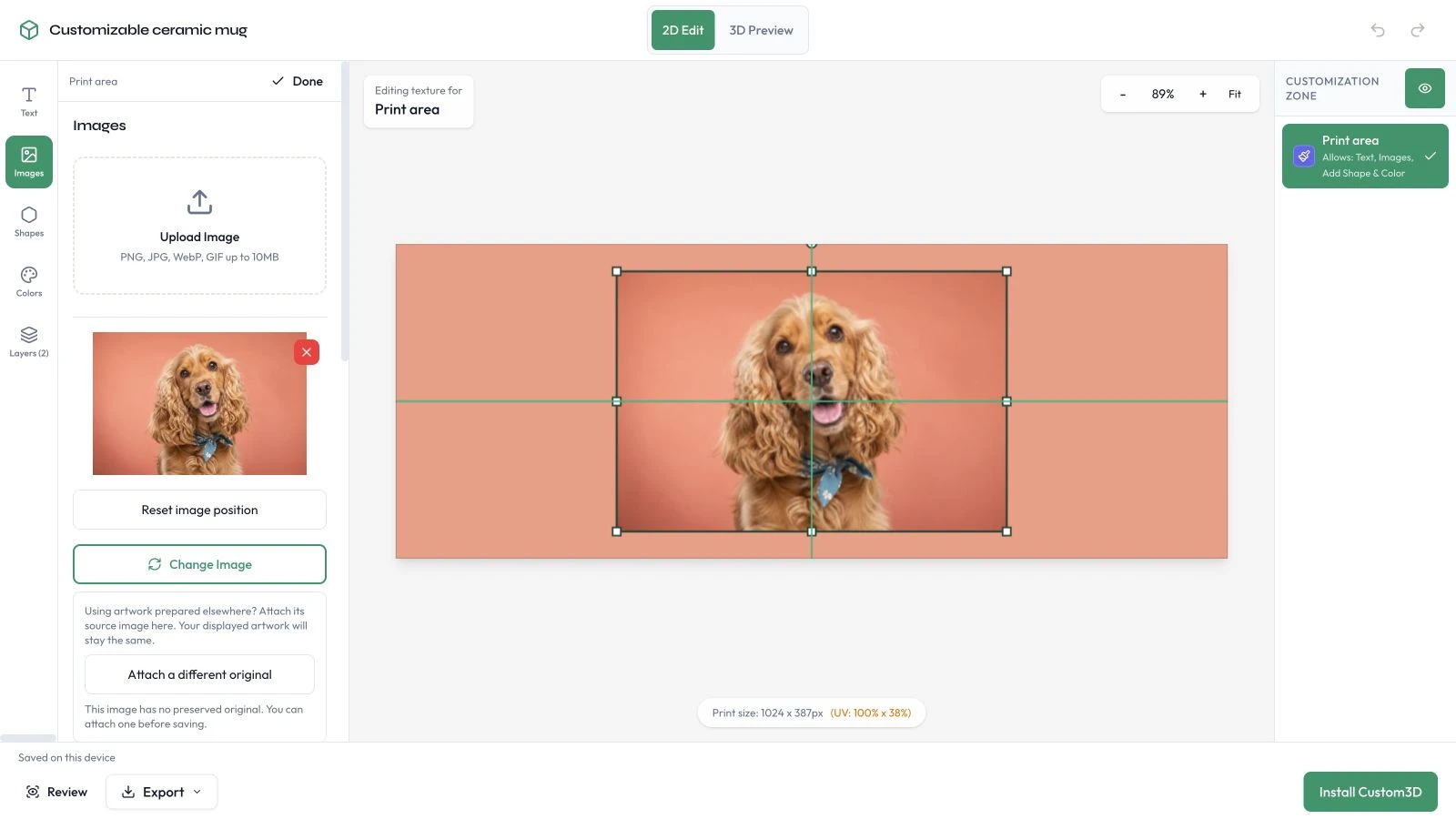Actual 2D customer editor with a complete pet photograph