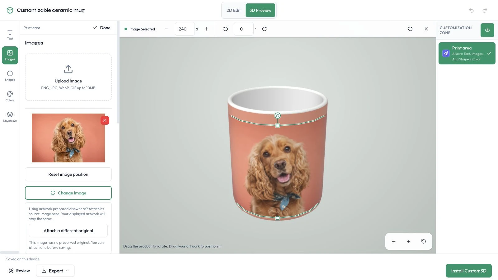 The same pet photograph on the 3D product in the customer editor